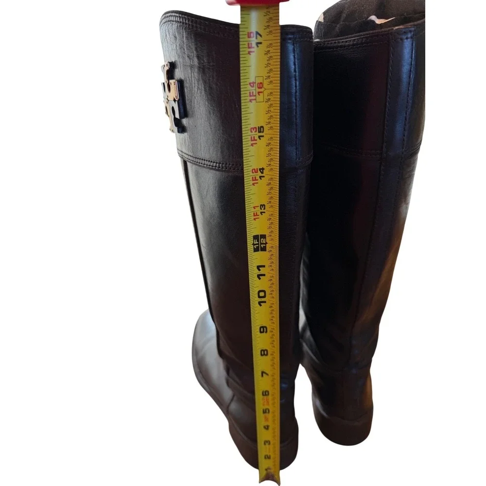 Tory Burch Kiernan Dark Brown Leather Riding Boots Gold Logo 32158741 Womens 10M